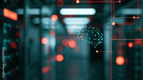 A digital representation of an artificial intelligence brain with network connections in a data center, suggesting fintech automation and fraud detection.
