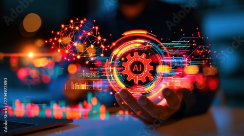 Close up of male hands holding a digital AI gear icon with holographic machine learning and network symbols floating above, symbolizing innovation and smart data analysis.