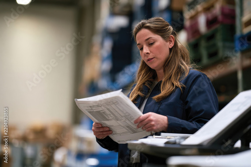 A woman carefully examines paperwork in a warehouse, symbolizing diligence and precision in logistics and inventory management, essential for efficient operational flow.