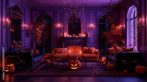 Luxury purple themed halloween lounge interior with glowing jack o lantern, elegant seasonal decorations, cozy festive atmosphere, dark glamorous home decor, spooky autumn celebration background and s
