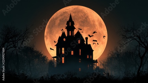 Spooky haunted house silhouette under a glowing full moon in a dark night forest with flying bats, eerie mist, mysterious trees and atmospheric halloween horror background