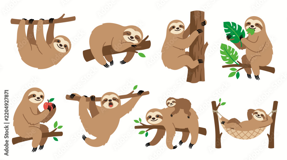 Obraz premium Set of cute cartoon sloths in various poses and activities on branches.