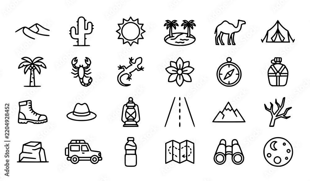 Fototapeta premium Desert Icon Set with Minimalist Monoline Outline Symbols for Travel and Adventure