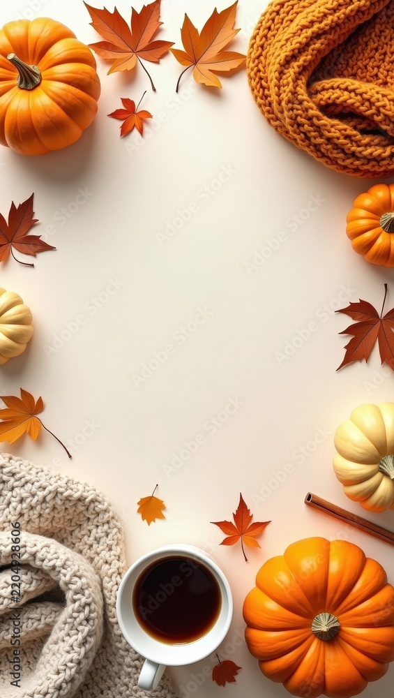 Fototapeta premium Cozy autumn flat lay with pumpkins, warm knitted blankets, coffee, maple leaves and cinnamon on a light background. Seasonal fall composition with copy space for text, banners and designs