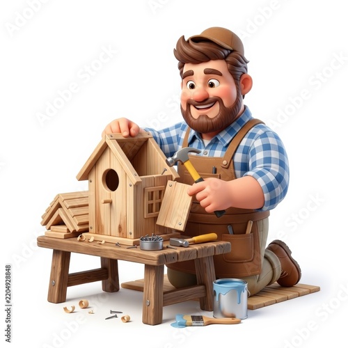 Man building wooden birdhouse at workbench isolated on white background
