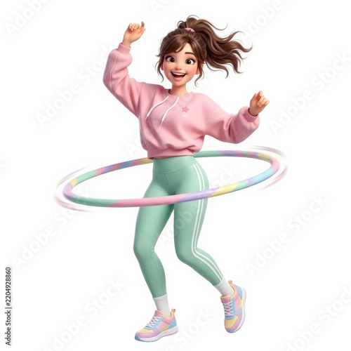 Young woman exercising with colorful hula hoop isolated on white background
