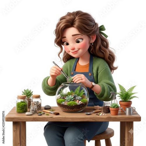 Woman creating miniature terrarium garden isolated on white background
