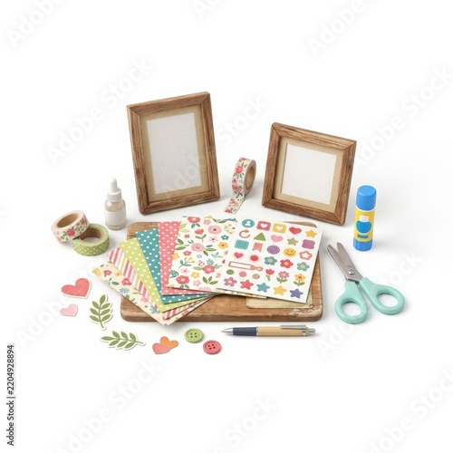 Scrapbooking craft supplies with frames and stickers isolated on white background
