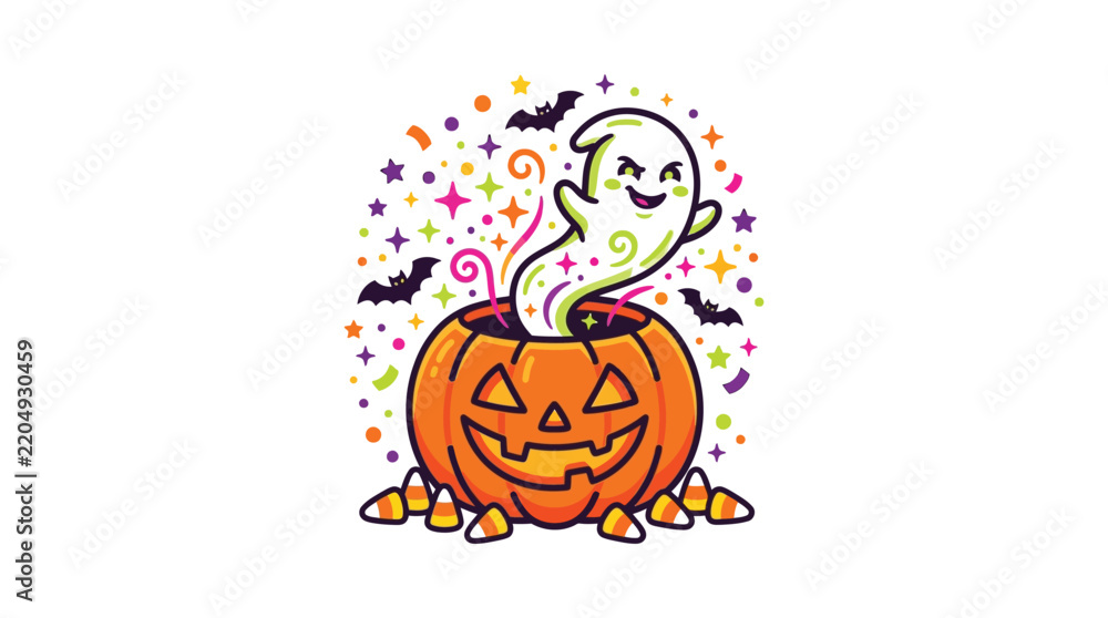 Obraz premium Cute cartoon ghost emerging from a carved jack o lantern pumpkin during halloween celebration