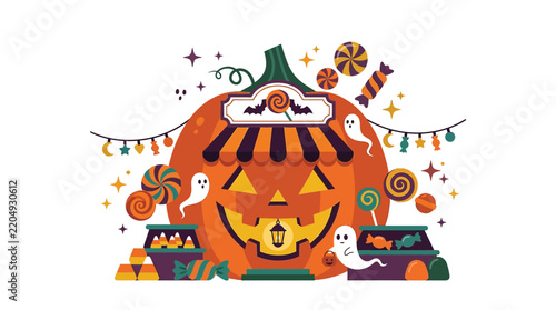 Halloween jack o lantern shop building illustration decorated with candy treats and spooky little ghosts