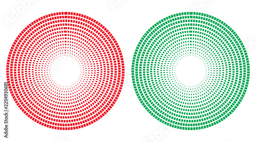 red and green circular halftone ring badges with radial dotted pattern isolated on white background.