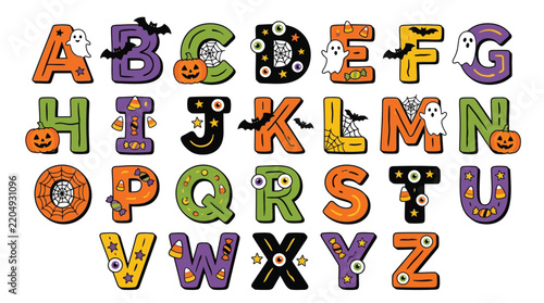Vibrant Halloween alphabet collection with cute cartoon monsters, pumpkins, ghosts, and spooky decorative elements