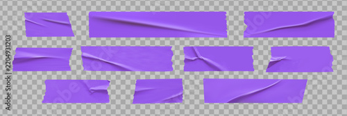 Purple torn adhesive tape strips with folds and wrinkles.