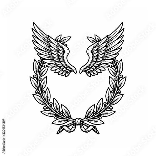 Vintage Angel Wings with Laurel Wreath Emblem for Tattoo Design and Graphic Illustration Vector Art