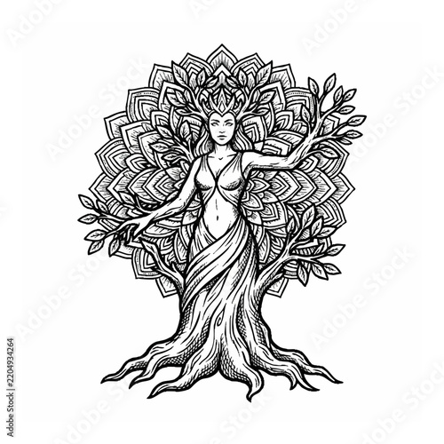 Mother Nature Tree Spirit Woman with Mandala Background in Black and White Line Art Illustration for Tattoo Design