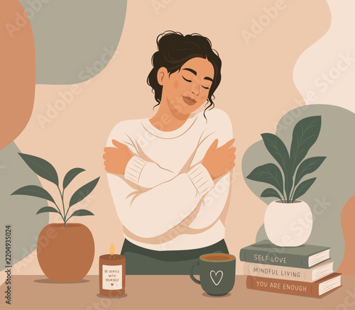 Woman tenderly hugs herself as a symbol of self-love, self-compassion, and emotional well-being. Vector illustration for content about mental health, mindfulness, mental well-being