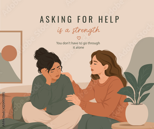 Mental health, help. Two women sharing feelings of support, asking for help, friendship, emotional support. Vector illustration to raise awareness about mental health, empathy, helping the community