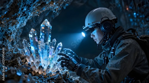 Cybernetic Geologist Exploring Crystal Caves with Augmented Sensing Equipment, Advanced Resource Technology