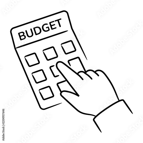 Hand-drawn doodle icon of ad budget planning, using people, devices, and interface symbols in clean black line art on an isolated background.