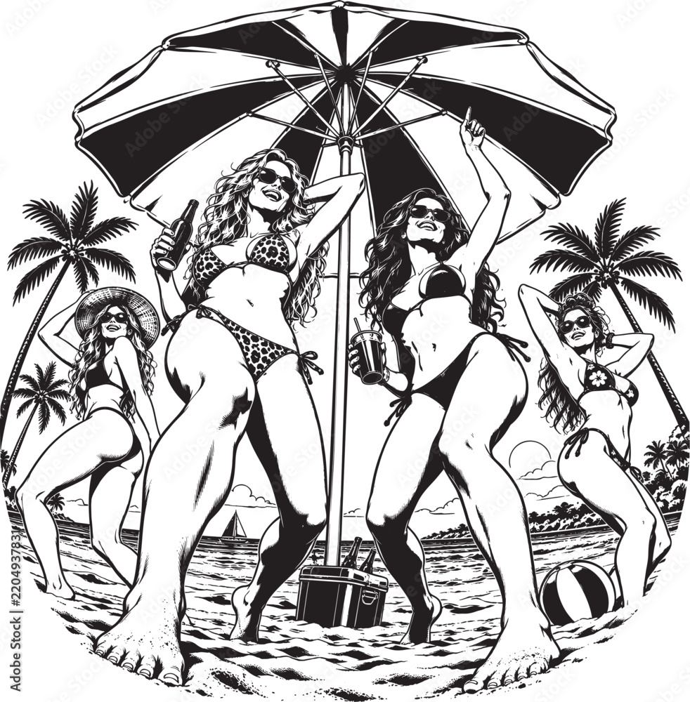 Obraz premium Beautiful Girls Party in Bikinis Under Beach Umbrella