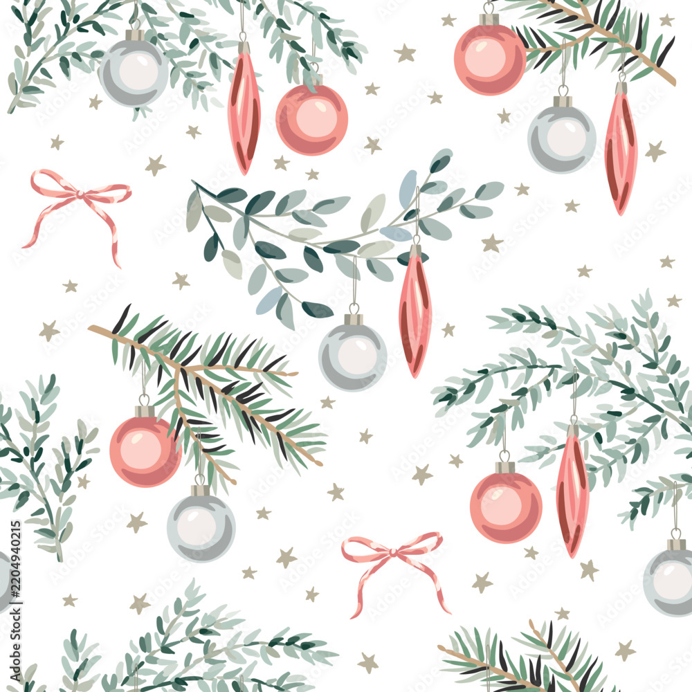 Obraz premium Christmas seamless pattern, green fir twigs, white, pink balls, bows, stars, white background. Vector illustration. Festive design. Season greeting. Winter xmas holidays