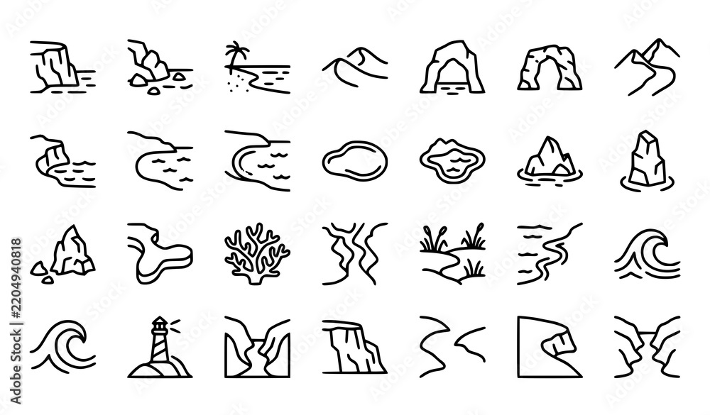 Obraz premium Coastal Terrain Natural Landforms Linear Icon Set Editable Thin Line Vector Symbols