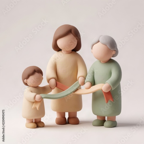 Clay child, mother and grandmother holding a ribbon together, concept of three generations, family bond and heritage