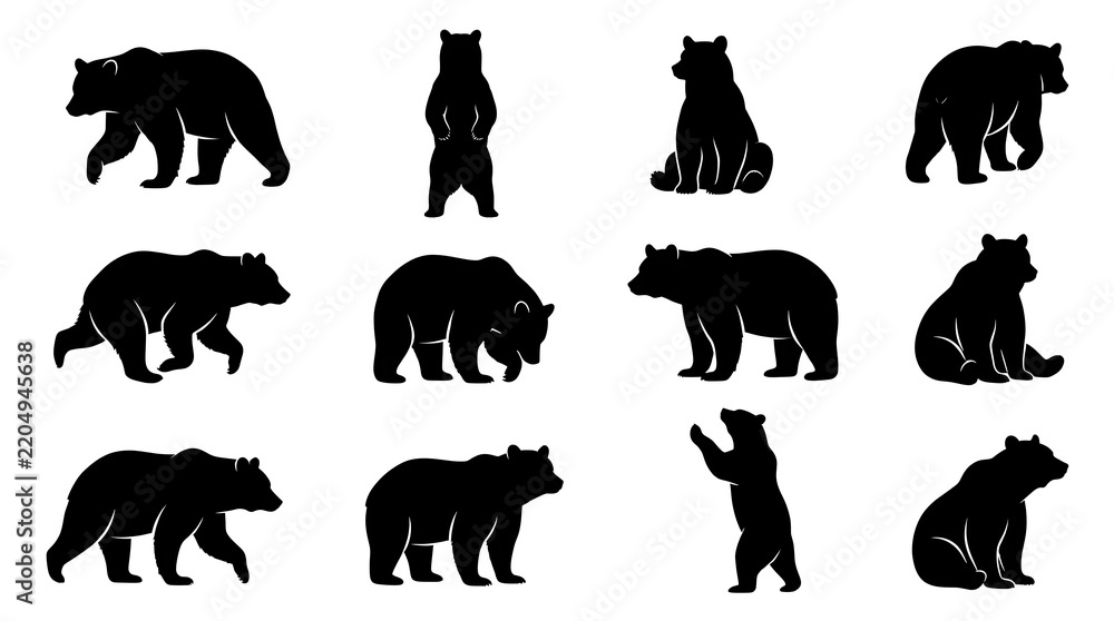 Fototapeta premium Black bear silhouette icons in various poses