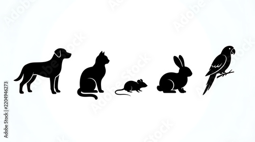 Four black and white animal icons in line