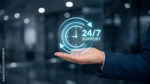 Business person holding a glowing 24 7 support icon with a clock symbol in a modern dark office environment