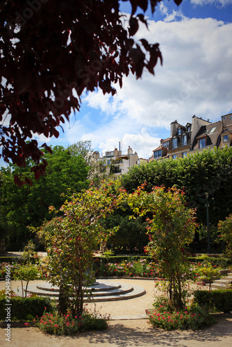View of beautiful architecture and blooming trees on summer streets in the city center of Paris, France