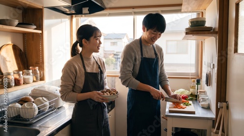 Japanese woman holding mushrooms beside partner slicing carrots