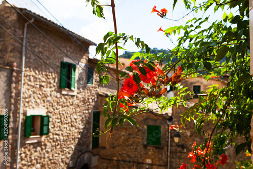 Picturesque view of a narrow street in a small town in Mallorca, Spain