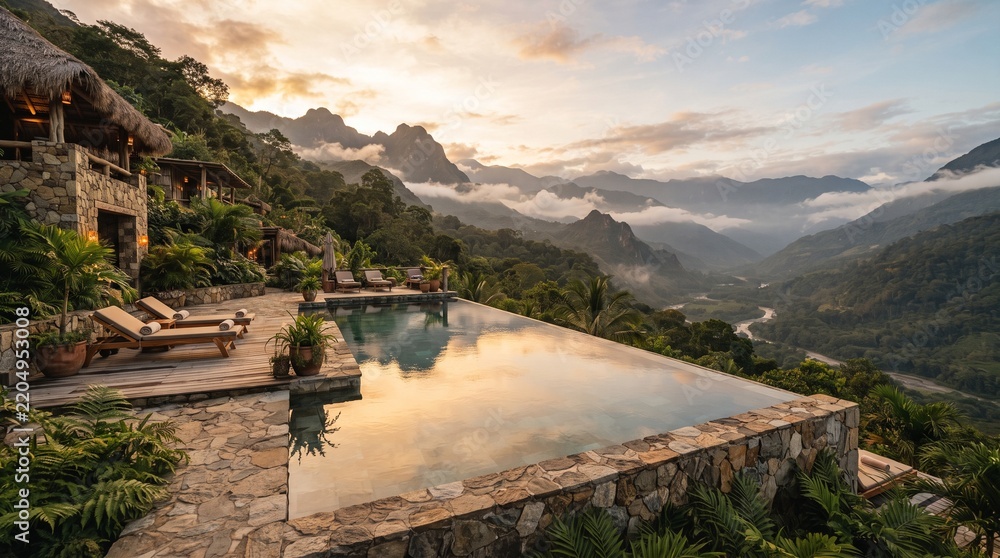Fototapeta premium Luxury infinity pool at mountain resort, tropical jungle landscape with stone terrace, scenic sunset view over misty valley and peaks