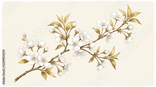 Beautiful blooming cherry blossom tree branch with white flowers and fresh green leaves in a delicate watercolor style