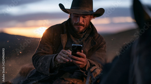 Cowboy Using Smartphone on Horseback at Sunset