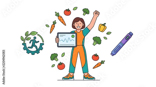 Happy person celebrating with healthy food and technology.