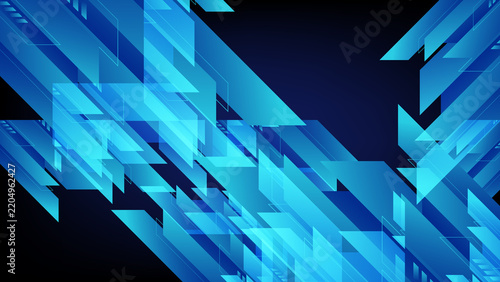 Abstract technology background with geometric blue shapes, neon glow, diagonal lines, futuristic layers, and digital elements on a dark modern backdrop