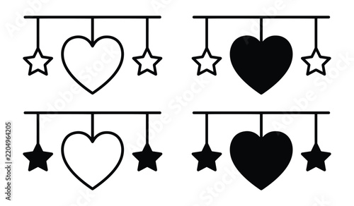Set of Four Hanging Heart and Star Icons in Solid Black and Outline Styles for Valentine's Day and Baby Mobiles.