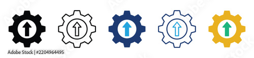 Gear upgrade icon set with upward arrow for system update, process optimization, and technical improvement. Vector illustration and transparent PNG.