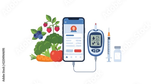 Smartphone connected to glucose monitor with fresh vegetables.