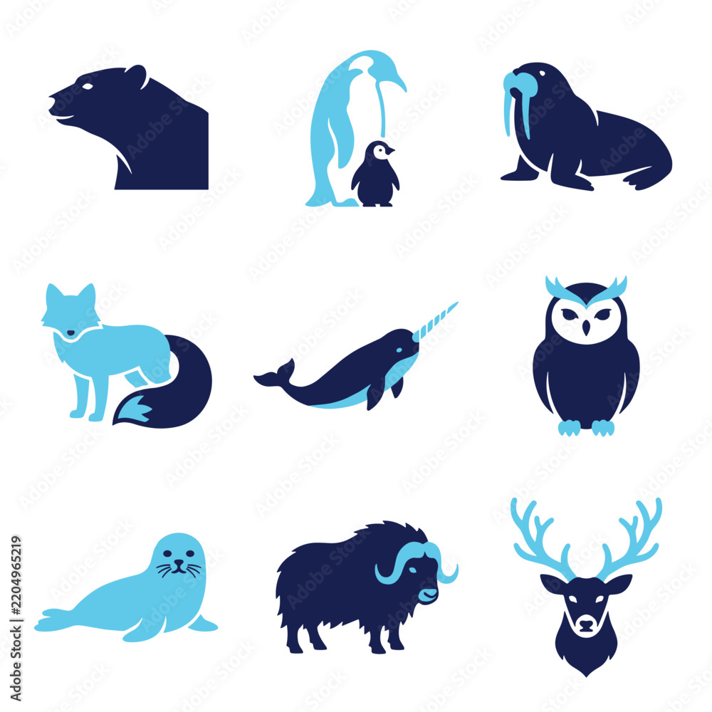 Fototapeta premium Arctic animal silhouette set featuring polar bear penguin walrus fox narwhal owl seal and reindeer