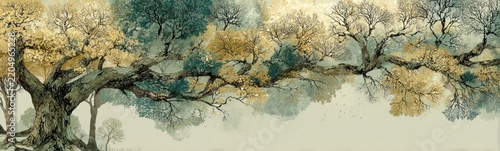 Painting of a tree with a bench in the middle genealogy tree concept