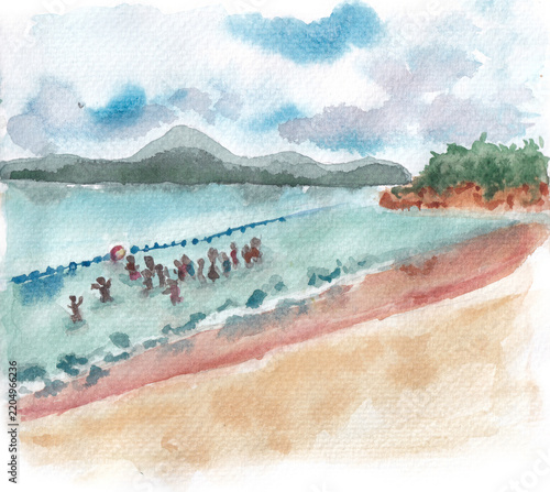 hand drawn watercolor illustration of people playing in the sea
