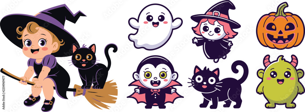 Obraz premium Adorable Halloween characters featuring a baby witch, black cat, friendly ghost, cute vampire, and a happy monster