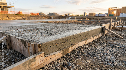 Freshly poured concrete foundation slab at a residential construction site
