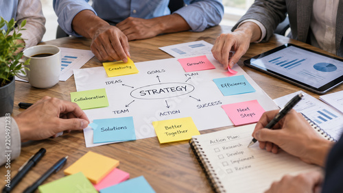Business team working on strategic planning brainstorming with colorful sticky notes and mind map on office desk project management corporate strategy teamwork collaboration professional growth