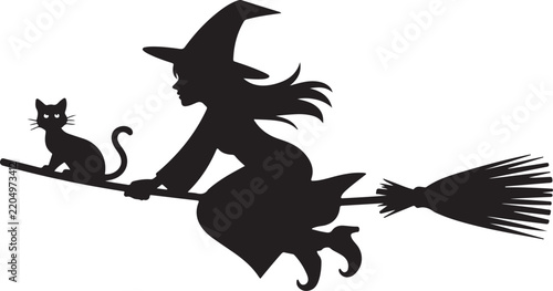 Witch flying on broom with black cat black silhouette against white background