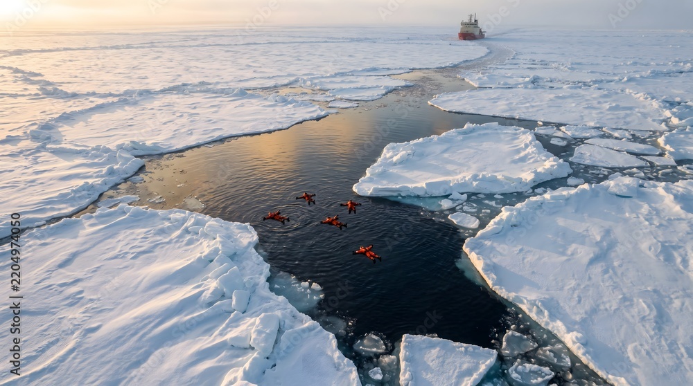 Fototapeta premium Arctic Geometry: High-Angle Aerial View of Ice Floating, Open-Water Channel, and Distant Icebreaker in Finnish Lapland