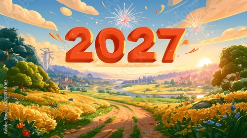 Happy New Year 2027 Vector Illustration with Orange 3D Numbers over Countryside Landscape